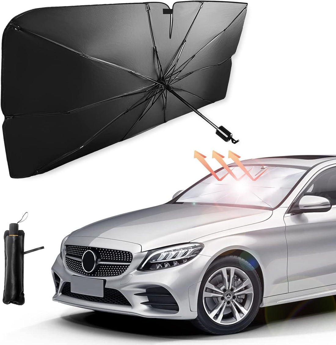 QSHOPCar Windshield Sun Shade Umbrella, UV Rays Sun Shade for Car, Foldable Sun Visor Cover for Most Cars with Leather Storage Pocket