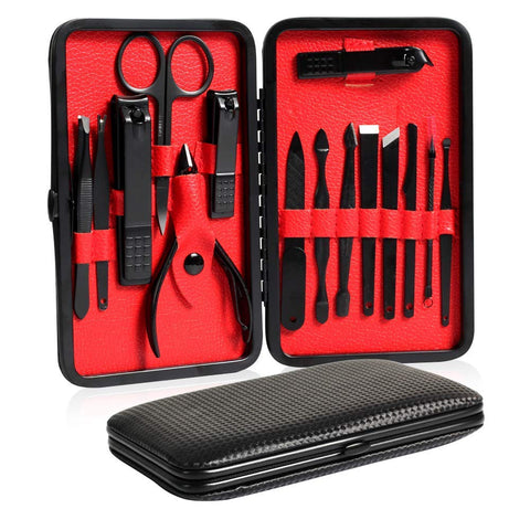 Nail Clippers Set, 15pcs Stainless Steel Manicure Pedicure Set Nail Grooming Kit with Fingernail Clipper Thick Toenail Cutter Cuticle Remover Blackhead Acne Needle Nail Files Scissors Portable Case