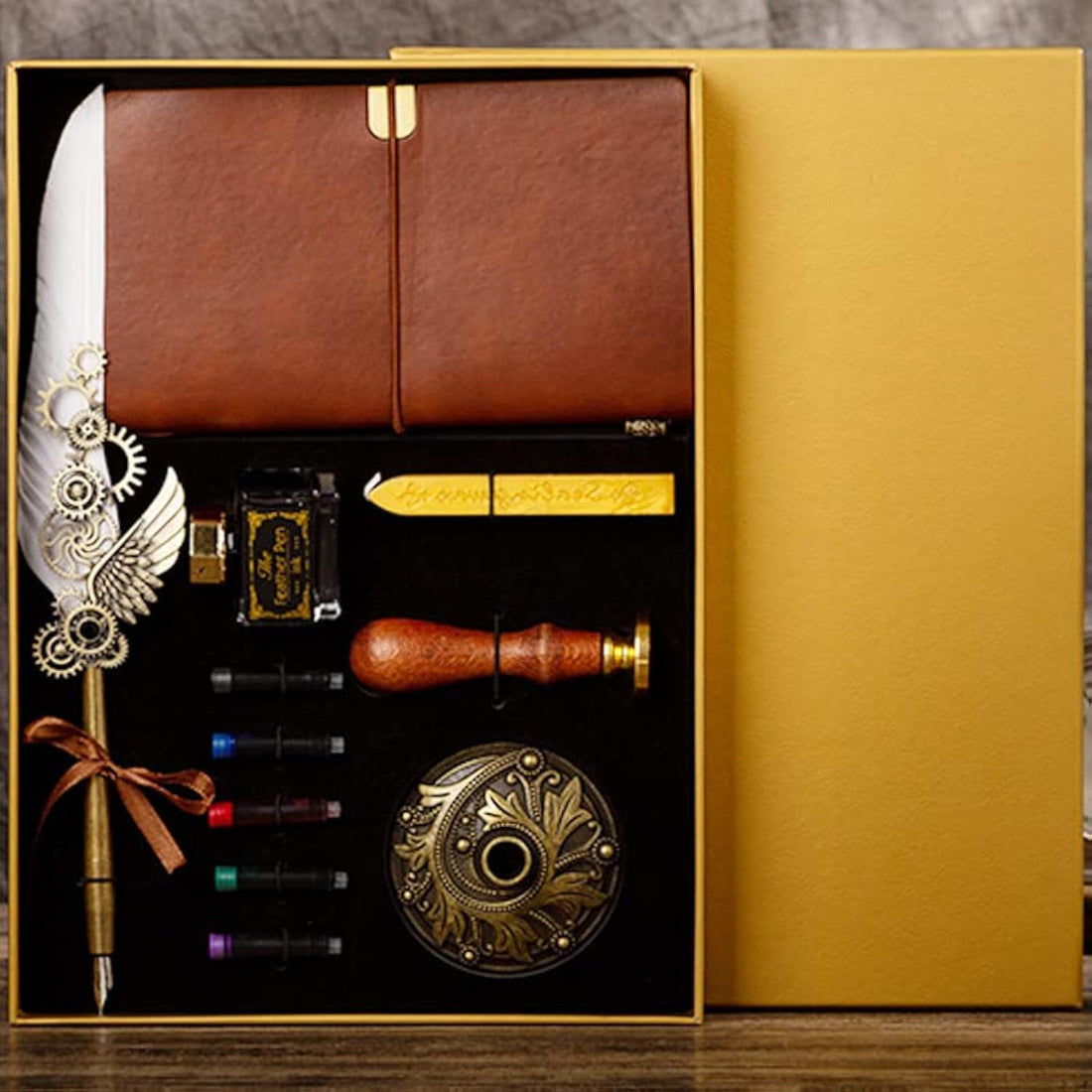 Quill Pen Set With Feather, Notebook, 4 Replaceable Ink Sacs, Spoon, Wax Beads, Holder - Calligraphy Gift Selection