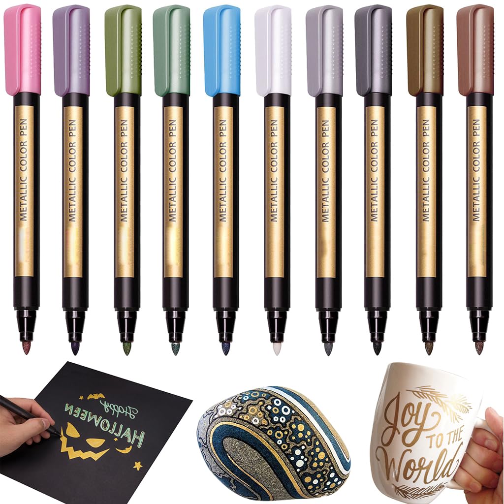 GETHPEN Metallic Marker Pens - Set of 10 Medium Point Metallic Markers for Rock Painting, Black Paper, Card Making,Ceramic,Glass, Scrapbooking Crafts, DIY Photo Album