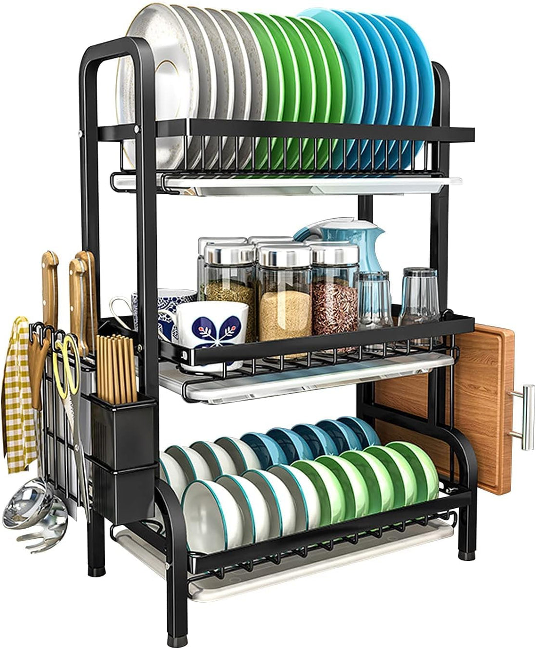 Circle M Dish Drainer, 3-Level Design with Cutting Board Grid and Tableware Grid