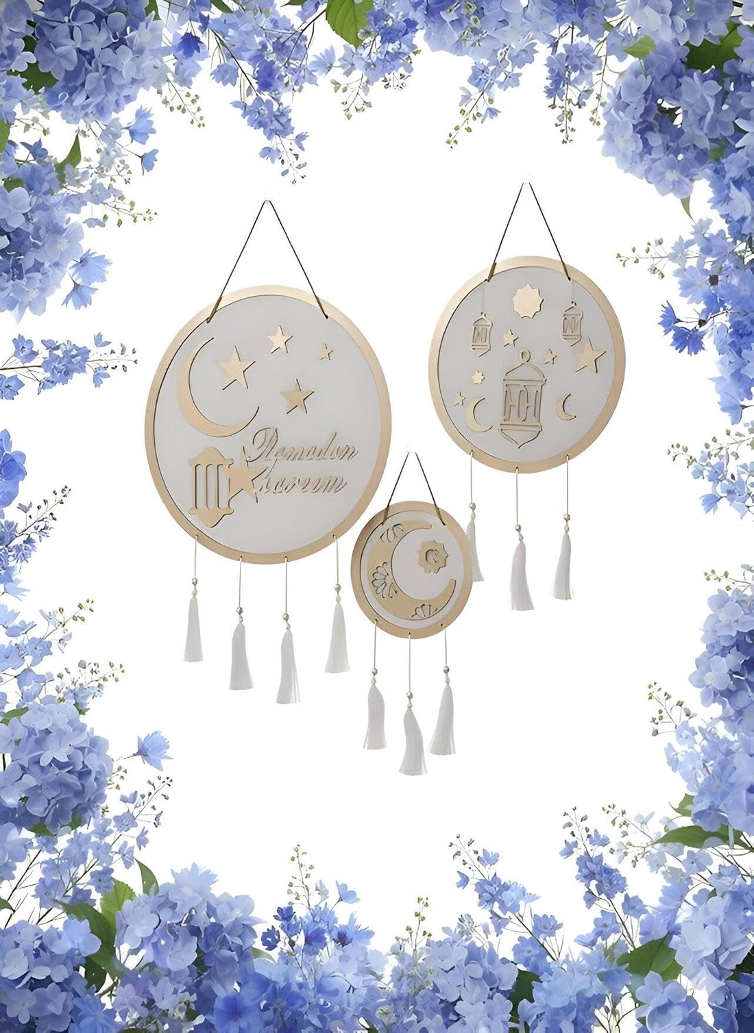 Wooden Ramadan Lights - Handcrafted trio of lanterns featuring crescents and cherry motifs for cozy Ramadan nights