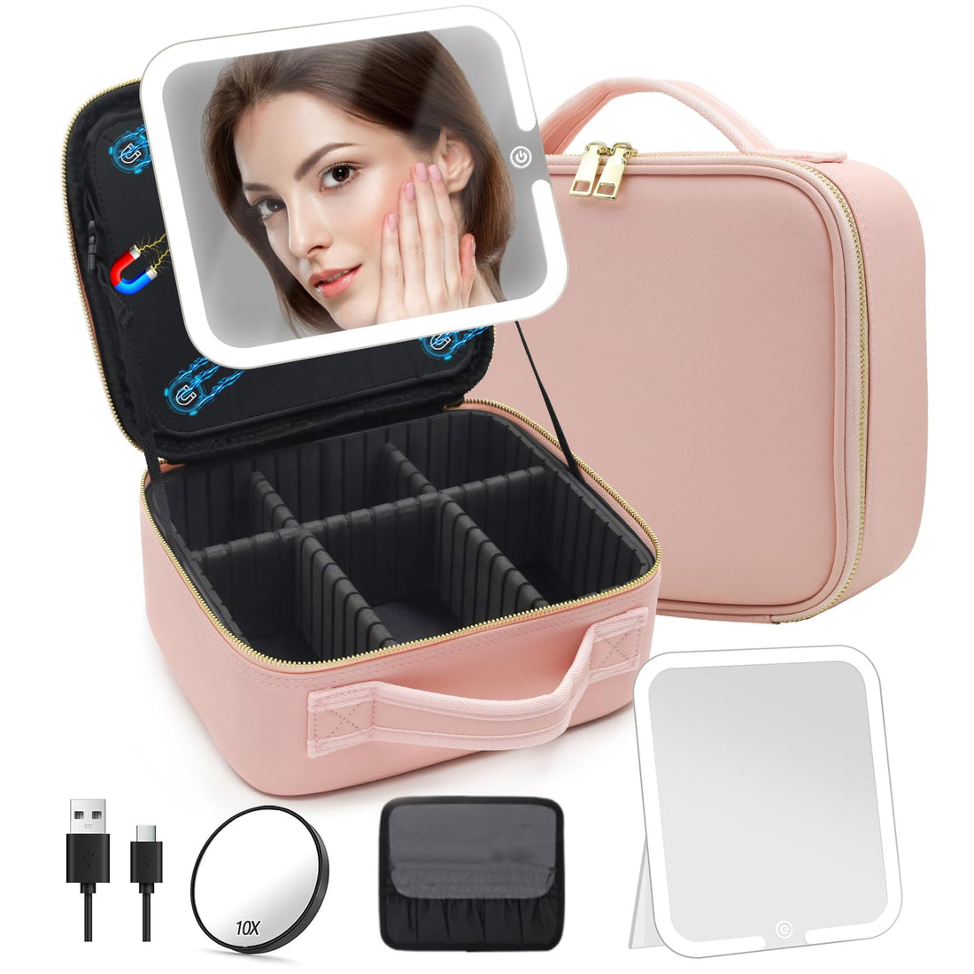 Travel Makeup Bag Cosmetic Organizer Bag with Large Magnetic Removable Lighted Mirror, Makeup Case with Mirror and Lights 3-Color Modes Adjustable Brightness 360° Angle, Makeup Travel Train Case Gift