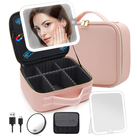 Travel Makeup Bag Cosmetic Organizer Bag with Large Magnetic Removable Lighted Mirror, Makeup Case with Mirror and Lights 3-Color Modes Adjustable Brightness 360° Angle, Makeup Travel Train Case Gift
