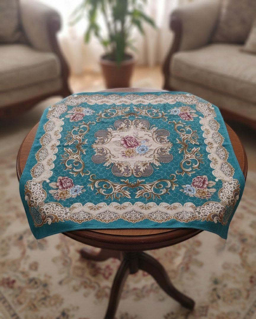Generic Square Tablecloth with Floral Design, (Teal Blue), 100x100cm, Thick Lined Coffee Table Cover .flo