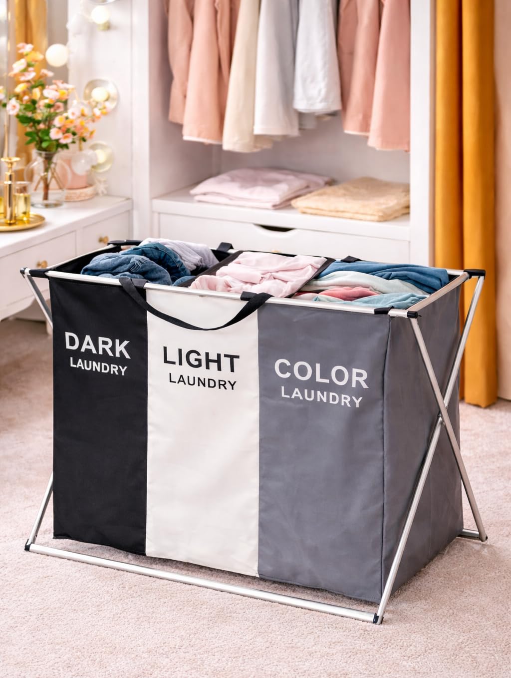 Laundry Cloth Hamper Sorter Basket Bin Foldable 3 Sections with Aluminum Frame, Washing Storage Dirty Clothes Basket Ideal Bathroom, Bedroom, Dressingroom (White Grey Black)