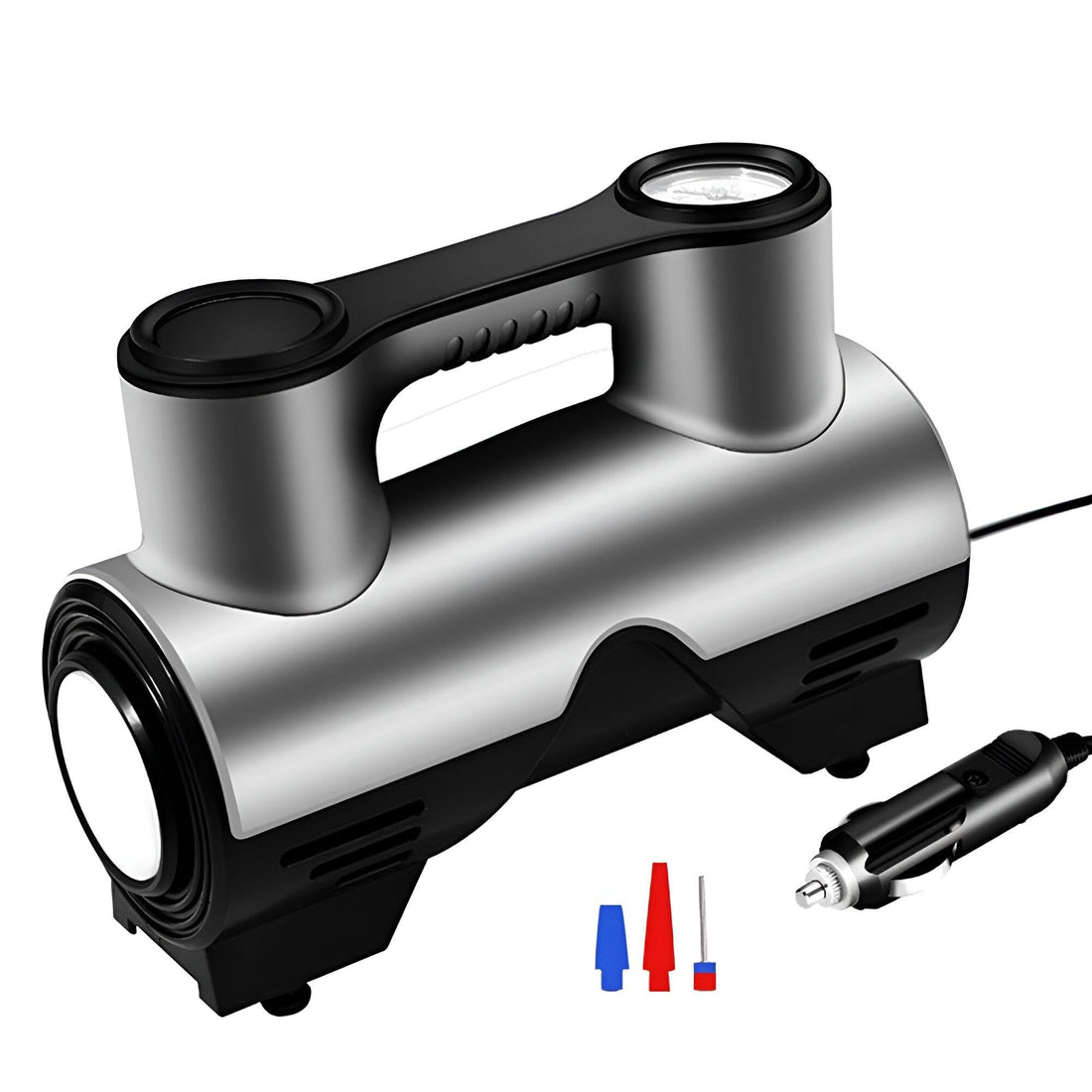 Portable Tire Inflator - Enjoy the convenience of this 2-cylinder tire air pump with emergency light, designed for cars and motorcycles, powered by 12V socket.