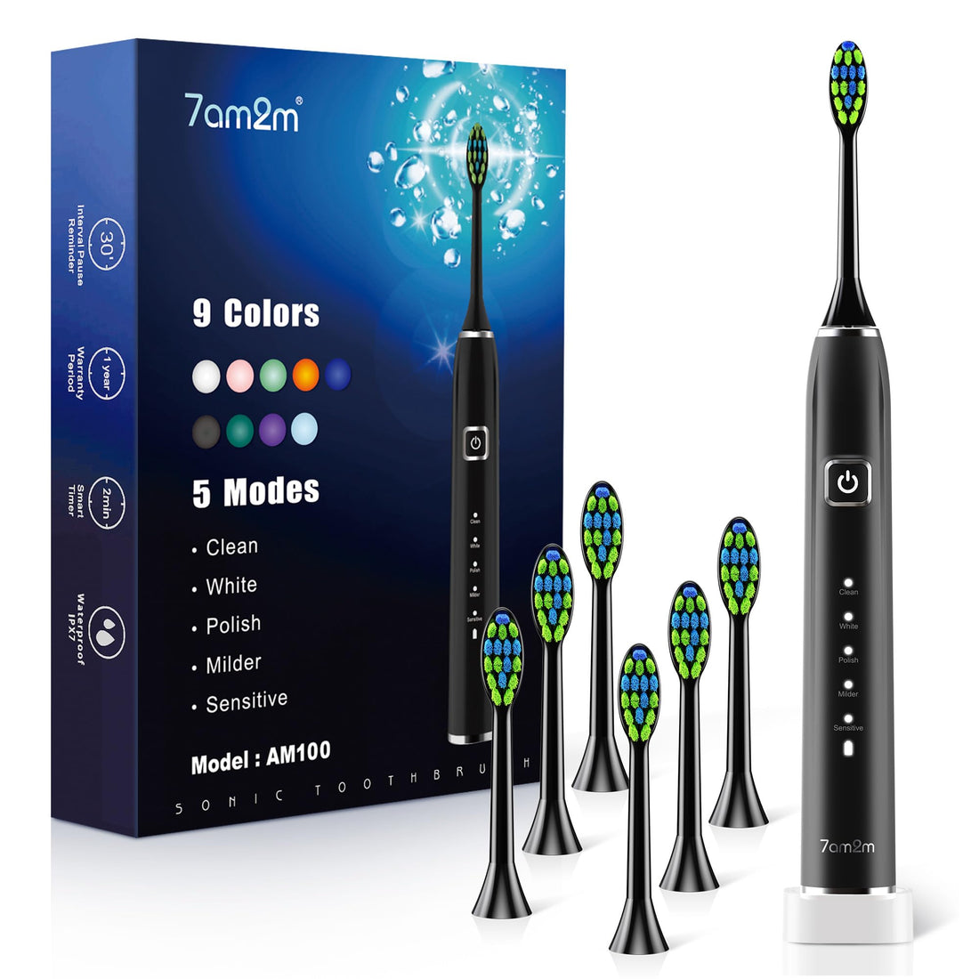 7AM2M Sonic Electric Toothbrush with 6 Brush Heads for Adults and Kids, One Charge for 90 Days, Wireless Fast Charge, 5 Modes with 2 Minutes Built in Smart Timer, Electric Toothbrushes (Black)