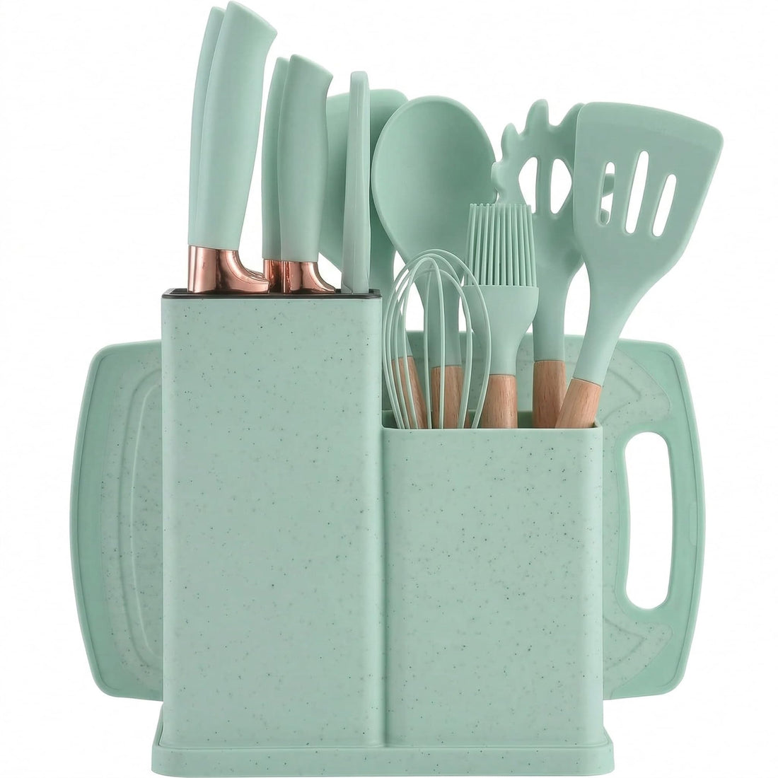 19 Piece Silicone Kitchen Utensil Set with Knives, Organizer Holder, Cutting Board and Scissors – Nonstick Utensil Safe, Heat Resistant, Easy to Clean, Wooden Handles (Mint Green)