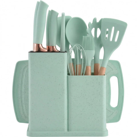 19 Piece Silicone Kitchen Utensil Set with Knives, Organizer Holder, Cutting Board and Scissors – Nonstick Utensil Safe, Heat Resistant, Easy to Clean, Wooden Handles (Mint Green)