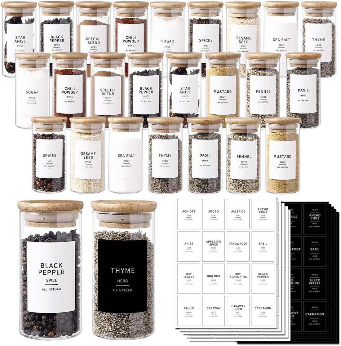 24 Pack Glass Jars with Pre-Printed Spice Label - 4oz (2.4mm) Empty Small Spice Containers with Airtight Bamboo Lids