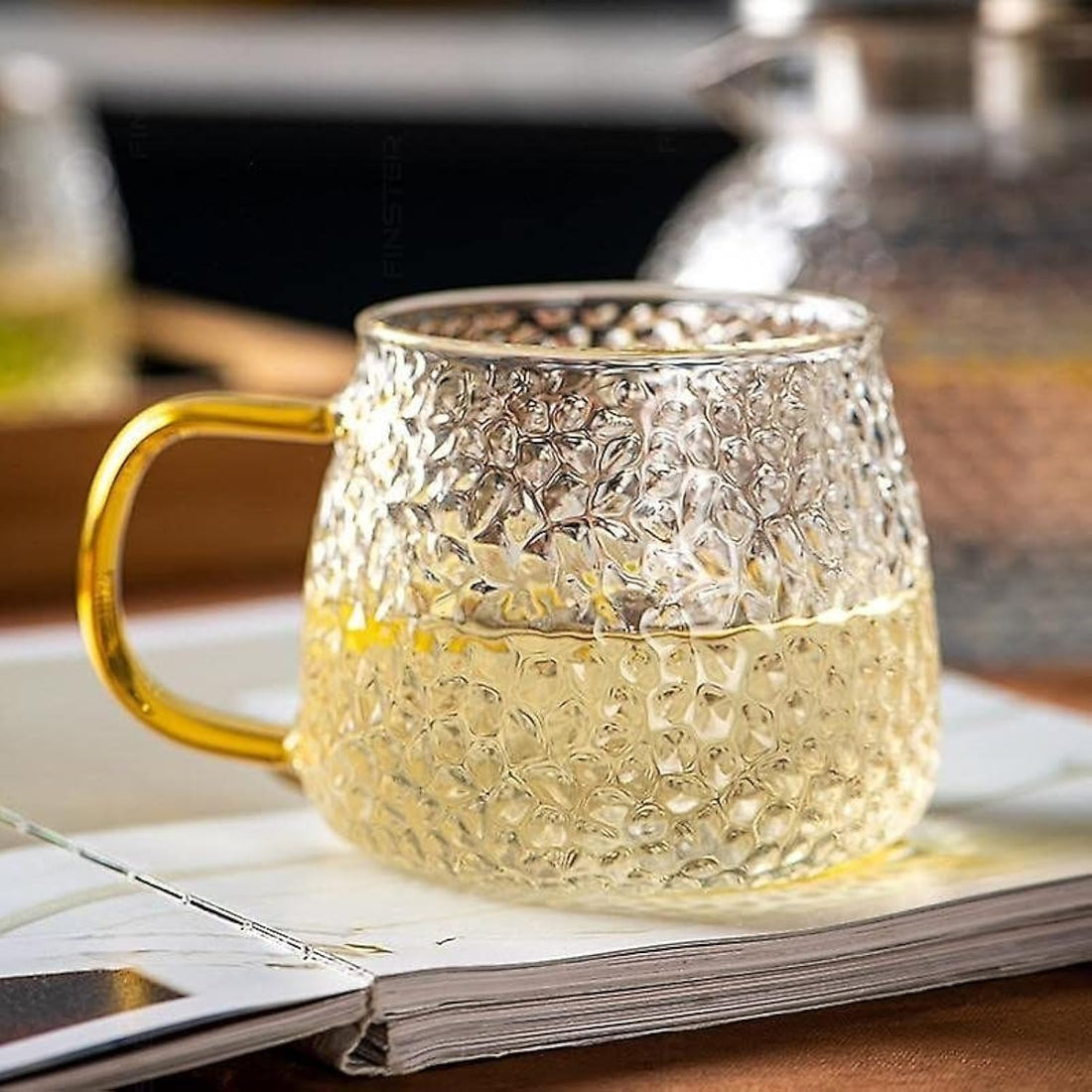 FINSTER Glass Coffee Mugs Cup Set of 2-440 ML, Transparent, Premium Golden Handle Big Borosilicate Tea Cups Perfect for Lemon, Green, Herbal, Chai Tea & Americano, Espresso, Cappuccinos Coffee Cups