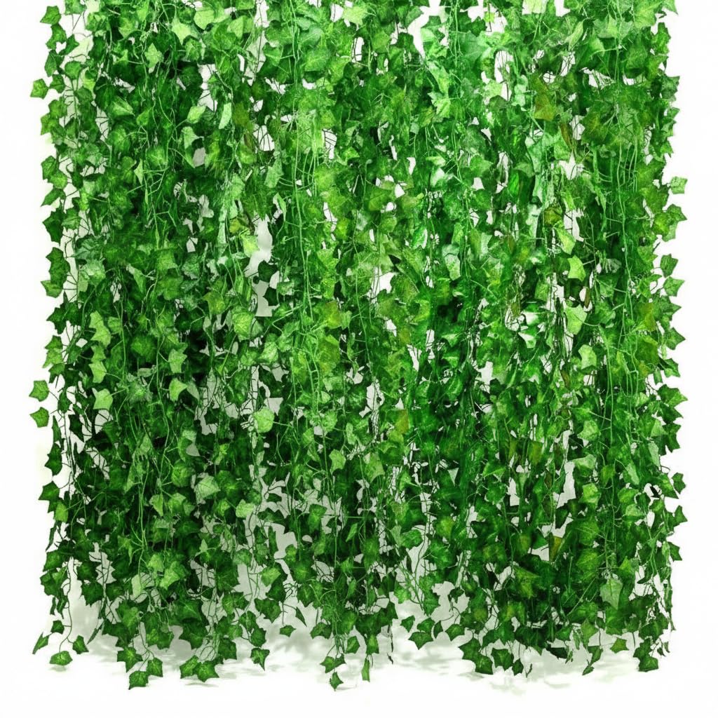 Artificial Hanging Ivy Leaves 25.2m (12 Pieces) – Green Branches for Decoration – Decorative Plants Garland for Wall, Balcony, Bedroom – Party, Wedding, Christmas – Easy to Hang