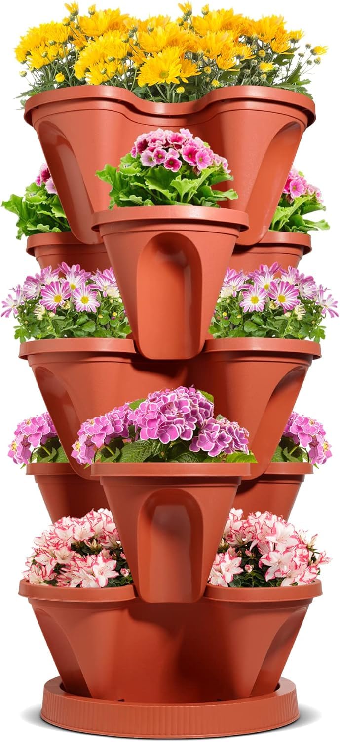 MERIDIAN Vertical Garden Tower Planter 5 Tier - Plastic Stackable Strawberry Planter Tiered Herb Pot, Stacking Grow Tower Gardening Pot for Indoor Outdoor Balcony Lettuce, Vegetables and Flower Plant