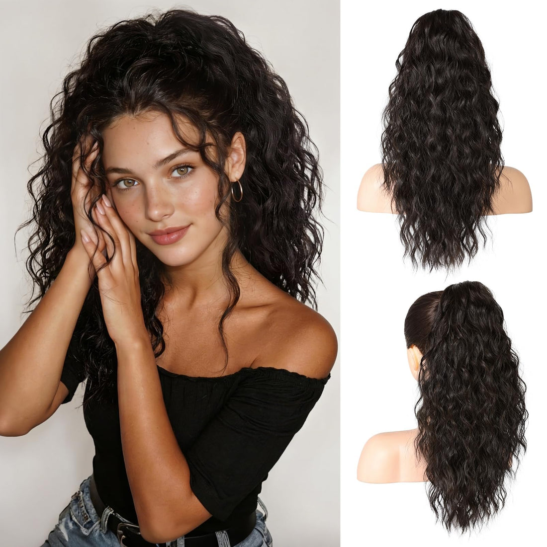 REECHO 18 Inch Claw Multi Layered Clip on Ponytail Extension for Women - Long Curly Wavy Hair Extensions, Natural Fluffy Synthetic Clip in Hairpiece for Daily Use - Black Brown