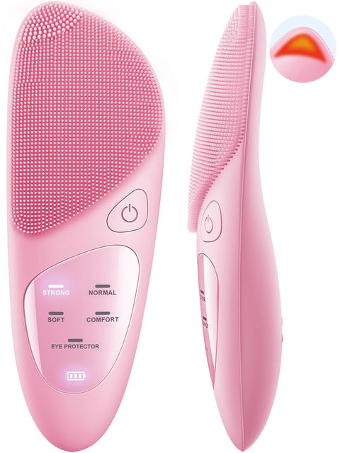 Facial Cleansing Brush Face Scrubber IPX7 Waterproof Rechargeable Brush, 4 Modes with Eye Protection, Electric Vibrating Cleanser System for Cleaning, Exfoliating, Massaging (Pink)