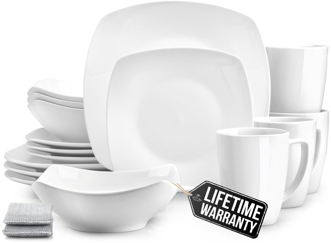 Zulay (16 Piece) Square Dinnerware Sets -Premium Quality Porcelain Plates Set & Dishes Set - Service For 4 Dishware Sets With 4 Plates, 4 Side Plate, 4 Soup Bowl, 4 Square Mug & 2 Silver Sponges