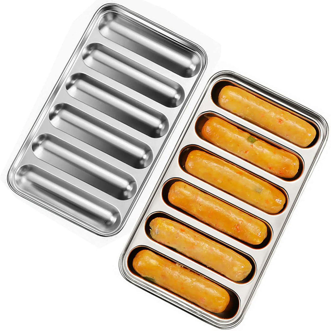 nalaina Stainless Steel Sausage Mold, Hot Dog Bun Maker, 6 Cavity Non-Stick Baking Pan for Homemade Sausages, Baby Food Supplement & Meat Sausage