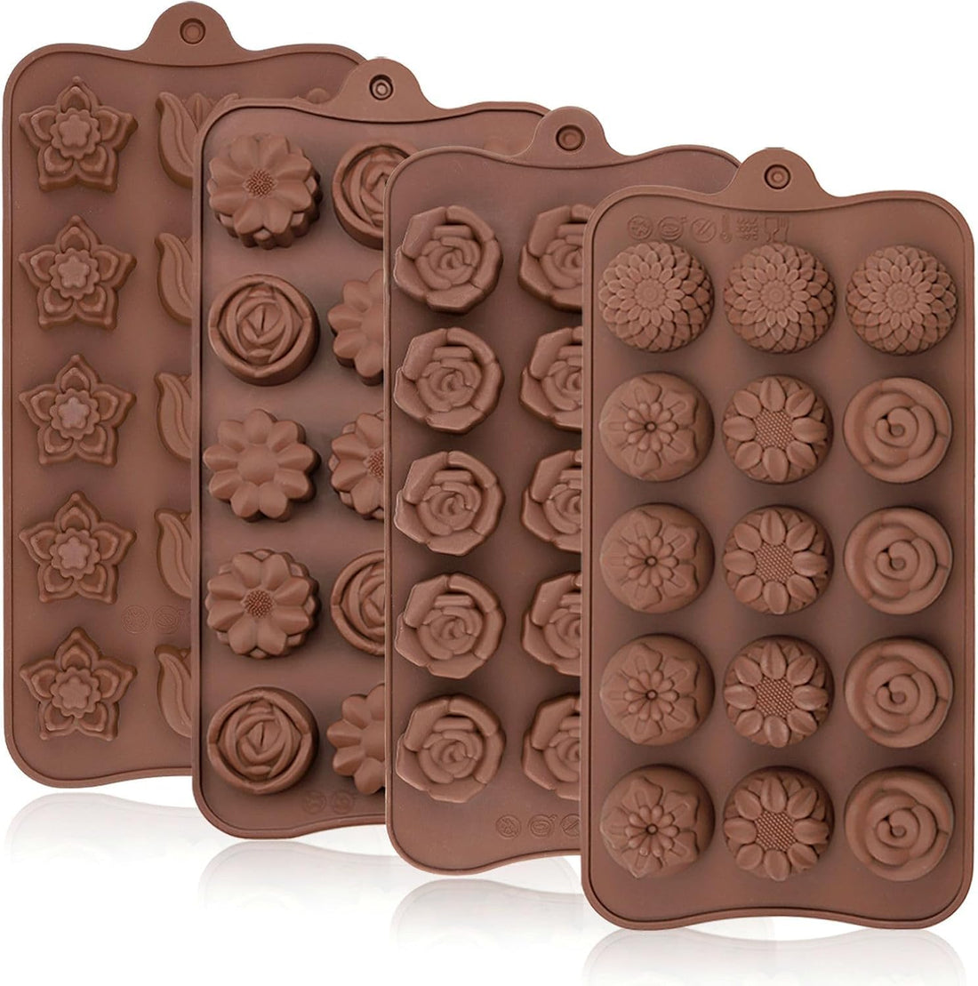 4PCS Silicone Chocolate Flower Molds for Candy, Fat Bombs Snacks, Truffles, 11 Floral Shapes 60 Cavities Candle Soap Wax Melts Mold (Rose, Sunflower, Tulip, Coreopsis)