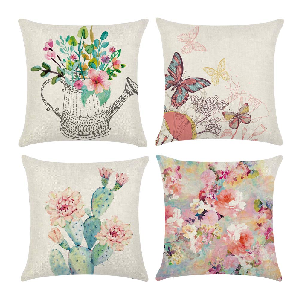 COWORK Set of 4 Cushion Cover Cotton Linen Throw Pillow Case Decorative Square Sofa Pillowcase for Home Decor Favor, 18 x 18 inch / 45 x 45 cm with Invisible Zipper (Style 17)
