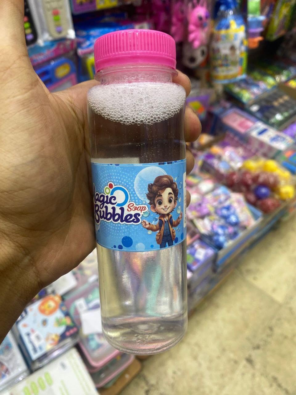 Magic Bubbles Kids Soap Solution Bottles with Pink and Blue Caps, Clear Container