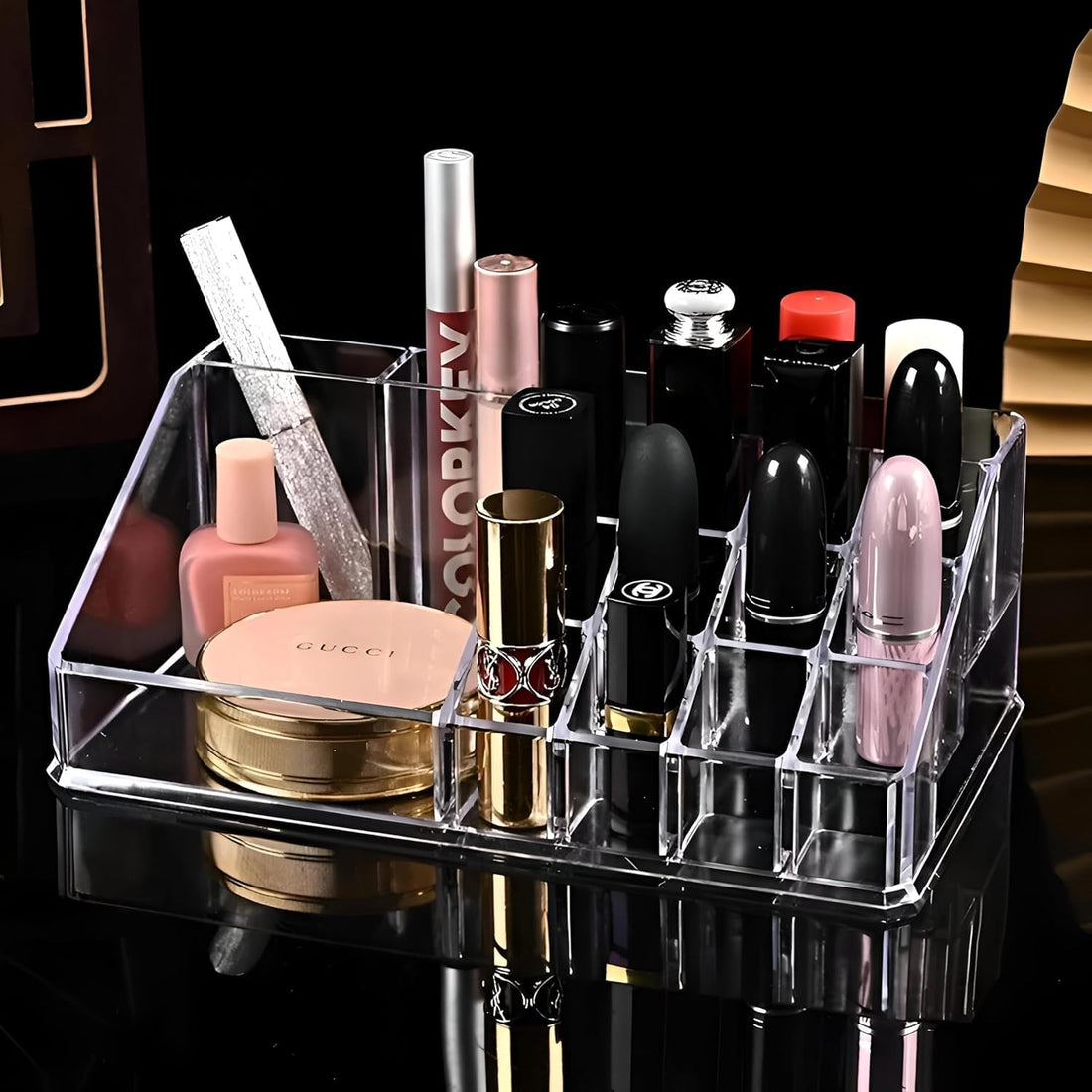 Lipstick Organizer Rack - Crystal Clear Acrylic Lipstick Holder Display, Stores and Organizers various size Lipsticks, Lip Glosses & Other Makeup Essentials, Offers 24 compartments for Tidy Vanity Org