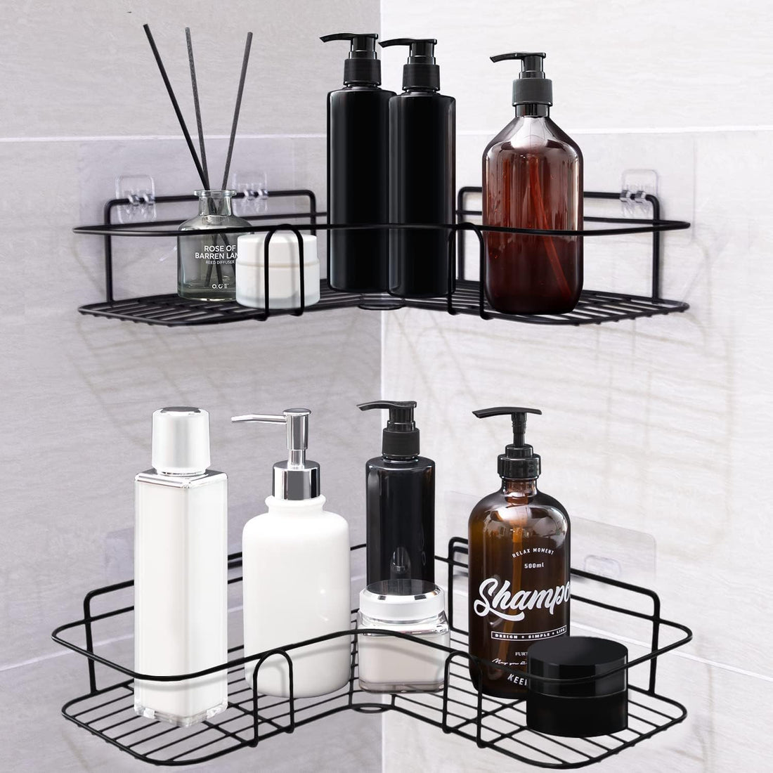 set of 2 Corner Shower Shelf Organizer 20x20 cm,Metal Bathroom & Kitchen Rack, Rust-Resistant Electrostatic Powder Coating, Strong Double-Sided Adhesive, No Drill,Corner Shelf Organizer (Black)