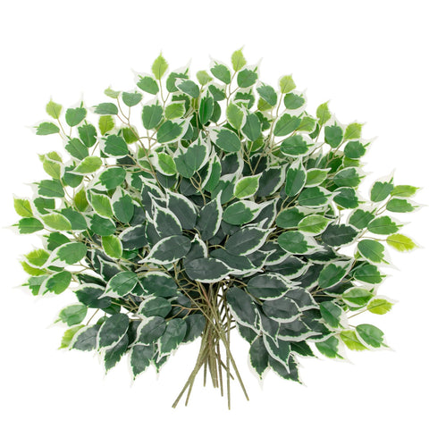 Oairse 12PCS Ficus Leaves Artificial Branches 62cm Faux Ficus Greenery Tree Stem Fake Leaf Sprays for Flower Arrangement Home Office Party Wedding Centerpiece Decoration - Green and White