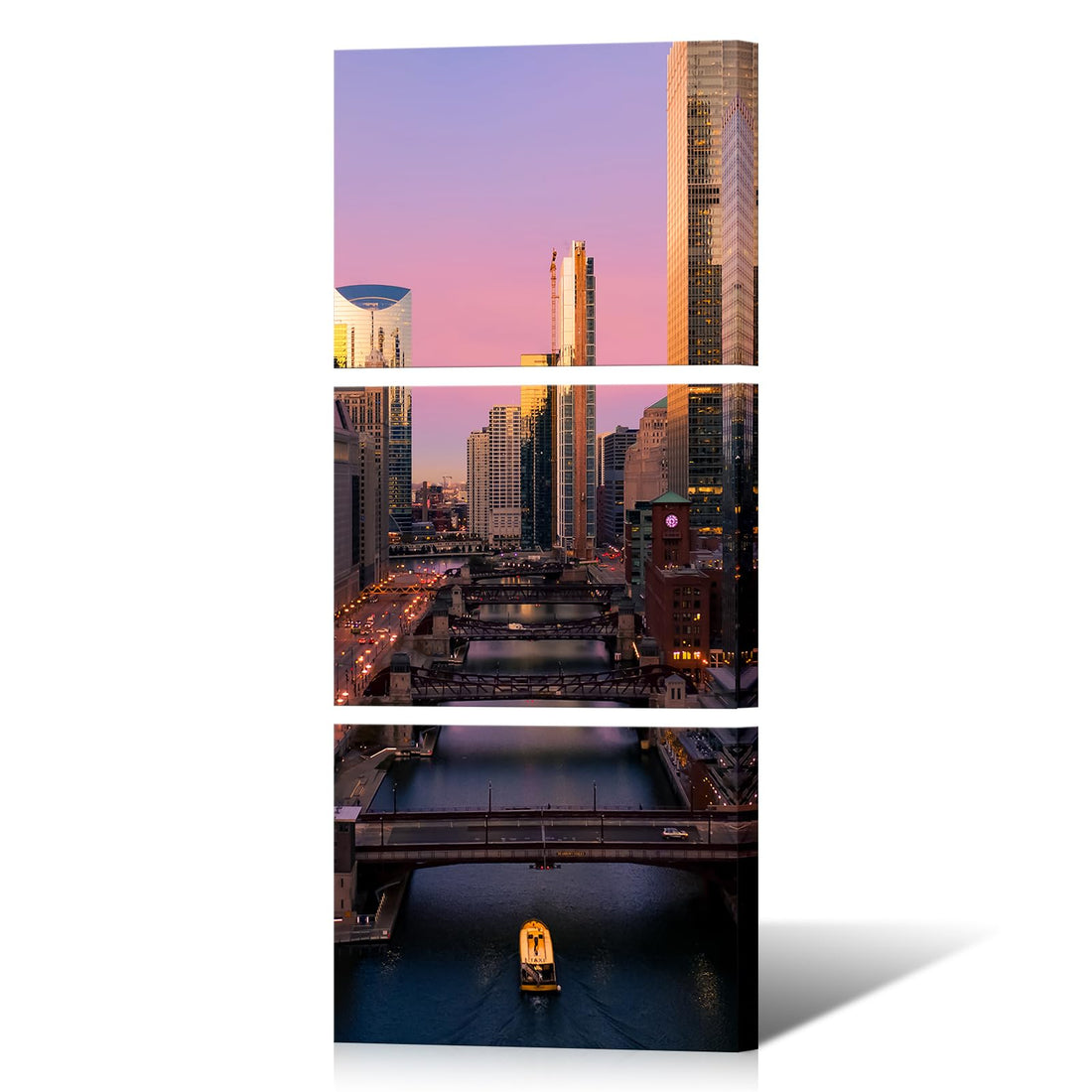 OuElegent Chicago River Aerial at Sunset Canvas Wall Art City Skyline Picture Prints Landscape Painting for Living Room Kitchen Bedroom Office Home Decor Ready to Hang 12"x16"x3 Panels