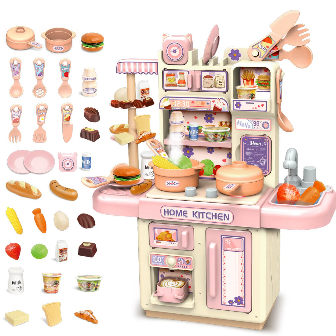 deAO 33 pieces kitchen for children, kitchen kits to play, seems to play kitchen toy with sound and light cooker sink refrigerator oven food, gifts for boys and girls