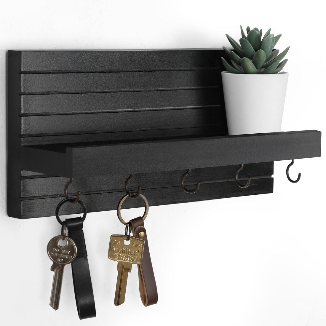 Decorative Key Holder for Wall with Shelf, Entryway Shelf with Hooks Holds Leashes, Jackets and Glasses – Sturdy Wood Keyholder Entrance Hanger with Mounting Hardware (11.8” x 5.5” x 3.1”) (Black)