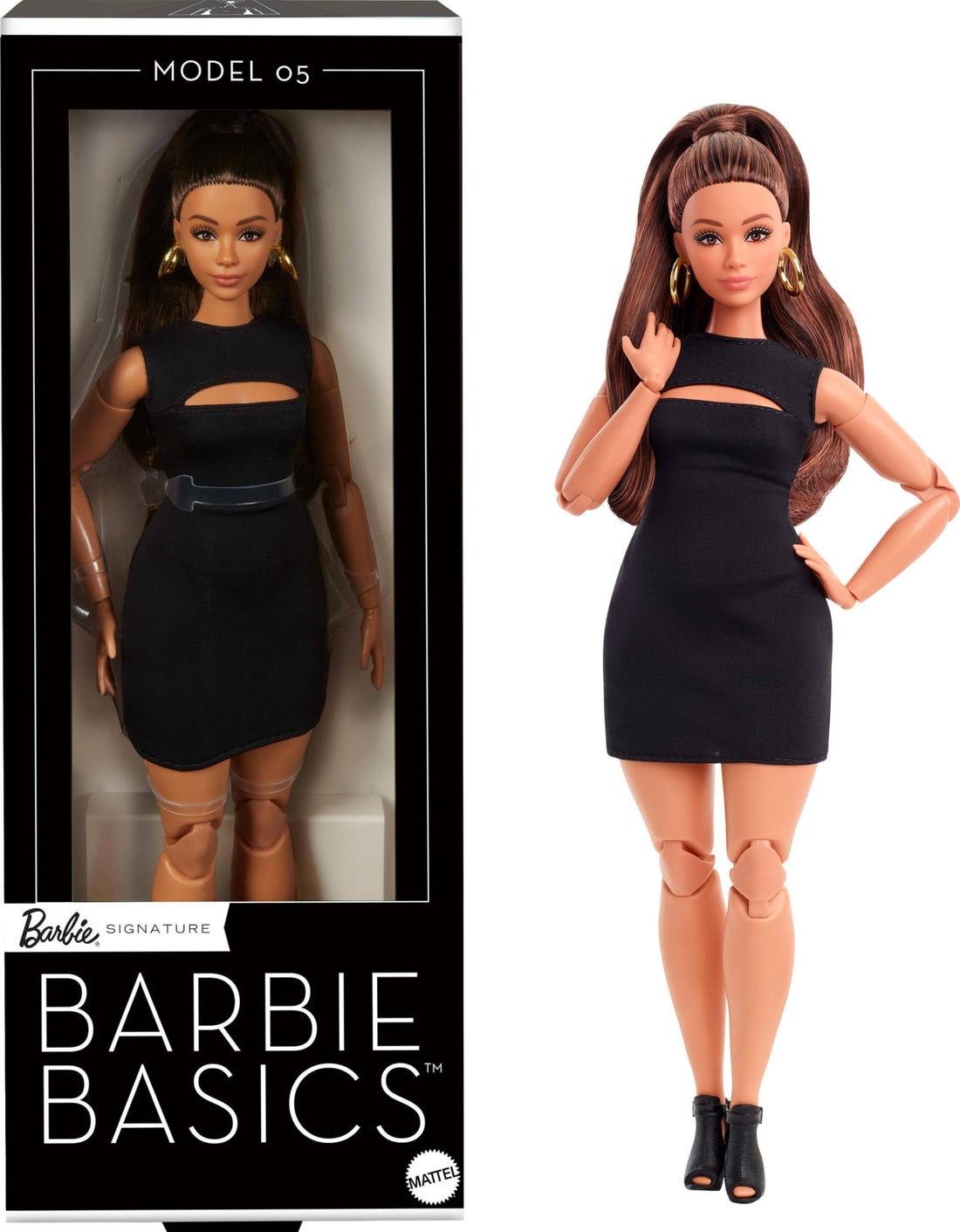 Barbie Basics Model 5 Collector's Doll with Brunette Hair, Black Mini Dress and Heels, Fashion in Universal Fit, Movable Body with Female Curves, JBH73