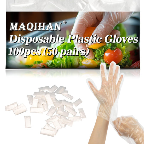 MAQIHAN 100Pcs(50Paris) Plastic Gloves Disposable - Plastic Food Safe Handling Food Prep Service Gloves Clear Food Handler Cooking Serving Gloves Kitchen Restaurant Hair Dye Gloves Individual Packaged