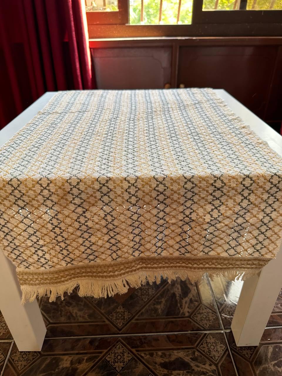 Linen Table Runner, 1 Meter, Beige and Blue, .kl