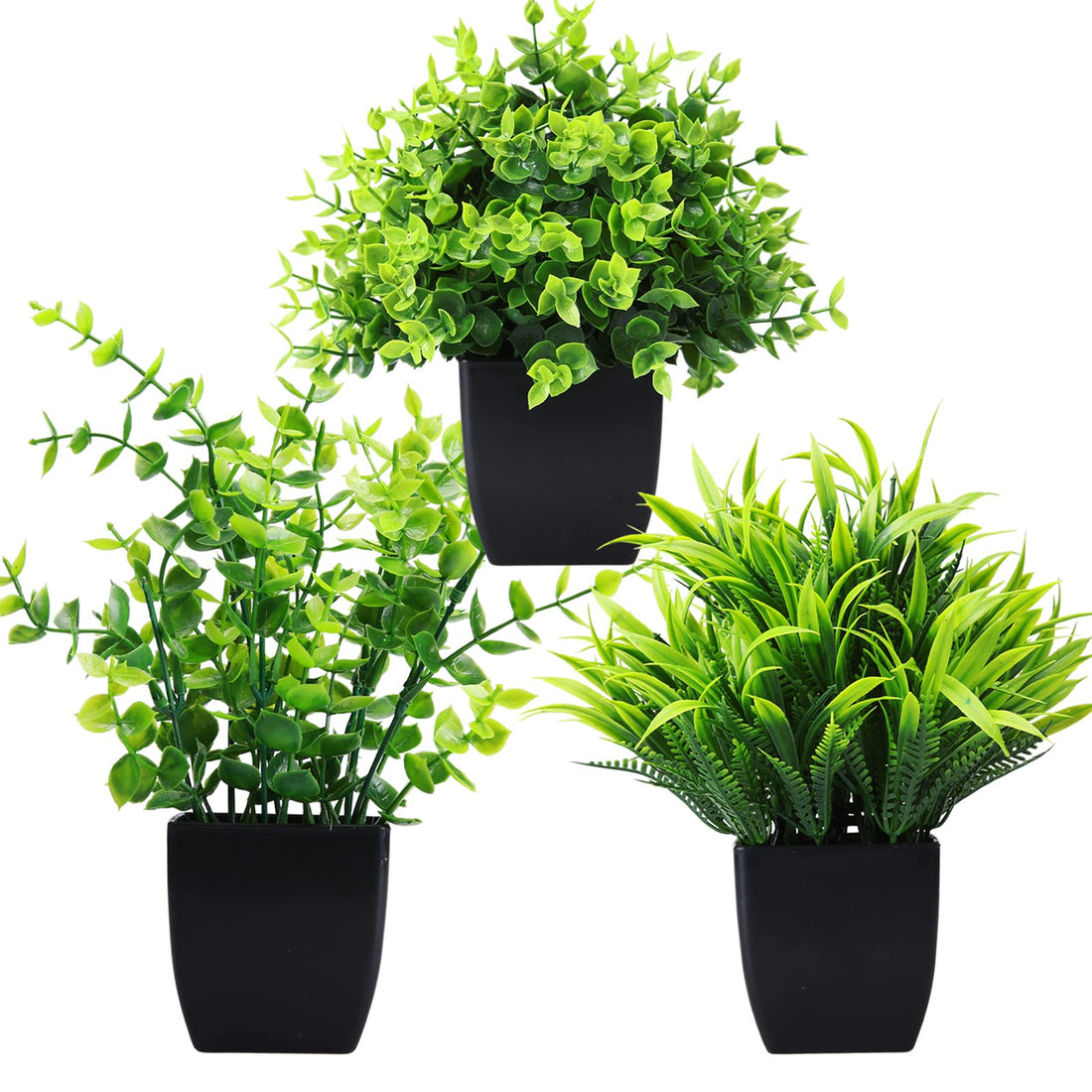 GREENTIME Artificial Potted Plants Set of 3 Mini Fake Plants,3 Pack Small Eucalyptus Potted Plants,Wheat Grass Faux Plant in Black Pot for Home Office Desk,Bathroom Shelf,Bedroom Indoor Decorations.