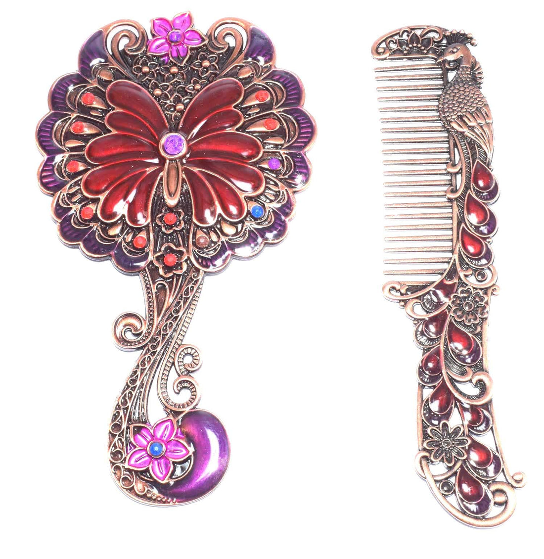 immatgar pharaonic Peafowl makeup pocket mirror with comb ancient Egyptian souvenirs gifts for women and mother from Egypt Butterfly, Flower - mother day gifts (Flower1 - Burnt Red - 13.5 CM Tall)