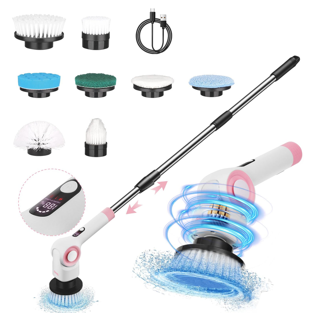 DSP Electric Spin Scrubber, IPX7 Waterproof, Adjustable Telescopic Pole Adjustable Angles, 3 speeds Electric Spin Brush for Cleaning Bathroom Tub Floor Tile Basin, LED Display