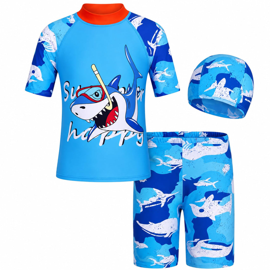 Mix&Max Boys Set of 3 Pieces Half Sleeves Swimsuit&Swimming Cap Printed Shark Two Piece Swimsuit (pack of 1)