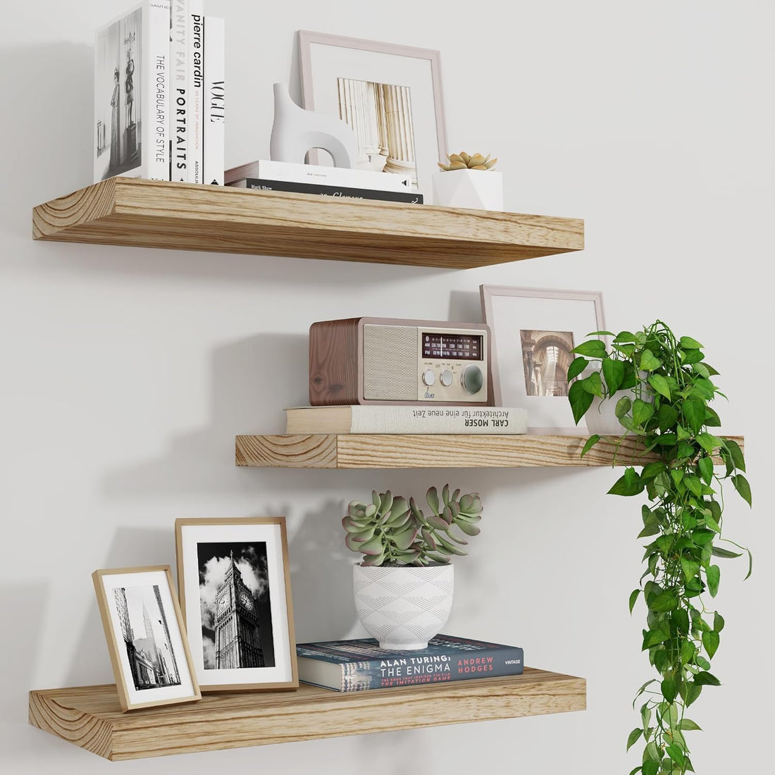 Marsmiles Floating Shelves, 17 Inch Wall Shelf Set of 3, Rustic Wood Shelves for Wall Storage, Wall Mounted Wooden Display Shelf for Bathroom Bedroom Kitchen Garage, Carbonized Black