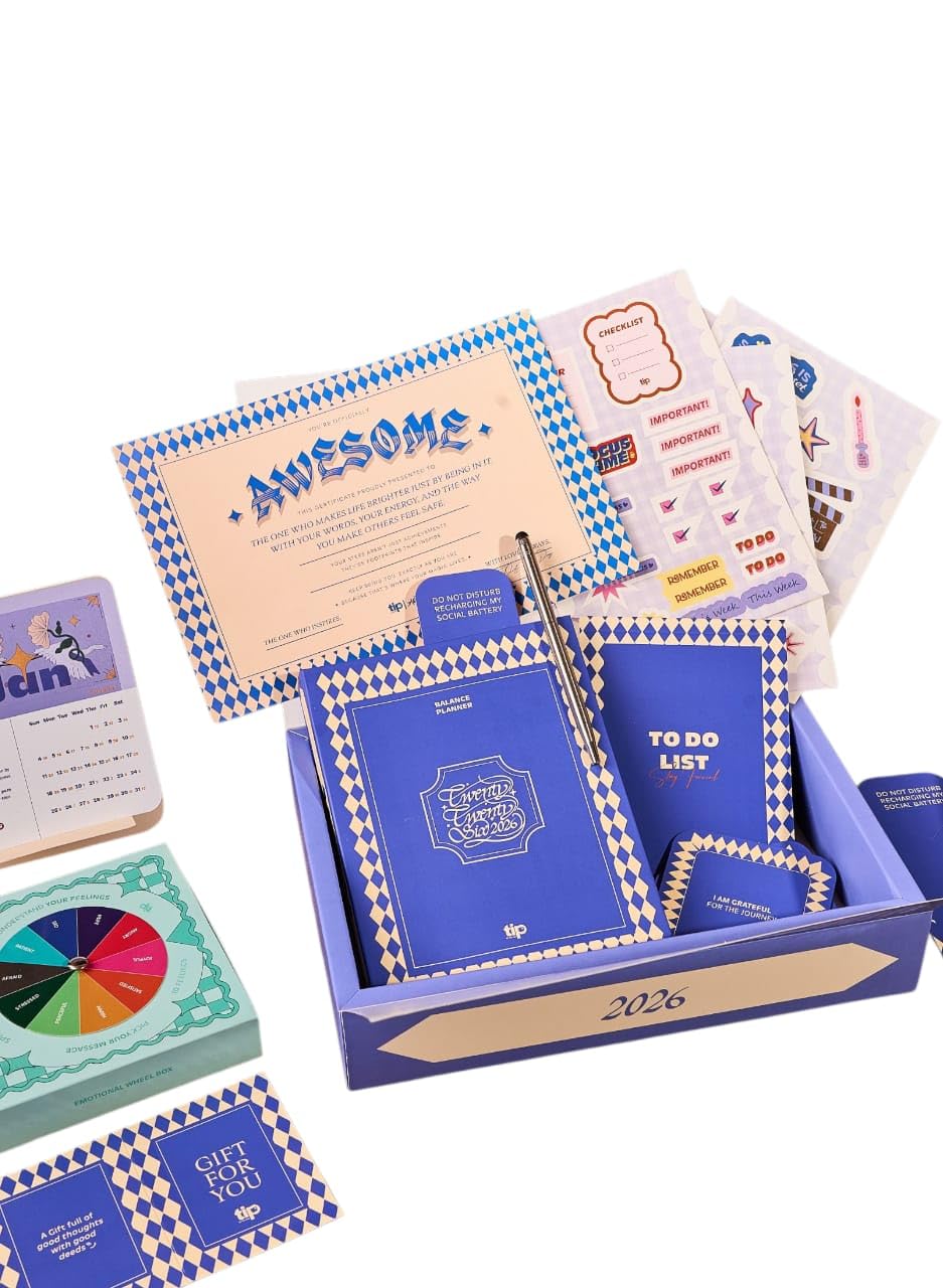 Tip Of The Day | Rich blue - Balance box 2026 English| 2026 Agenda 384 Pages | To-do List |Emotions Box – 40 Inspirational & Messages | Pen | Coaster | Calendar |Bookmark | 4 sticker sheets