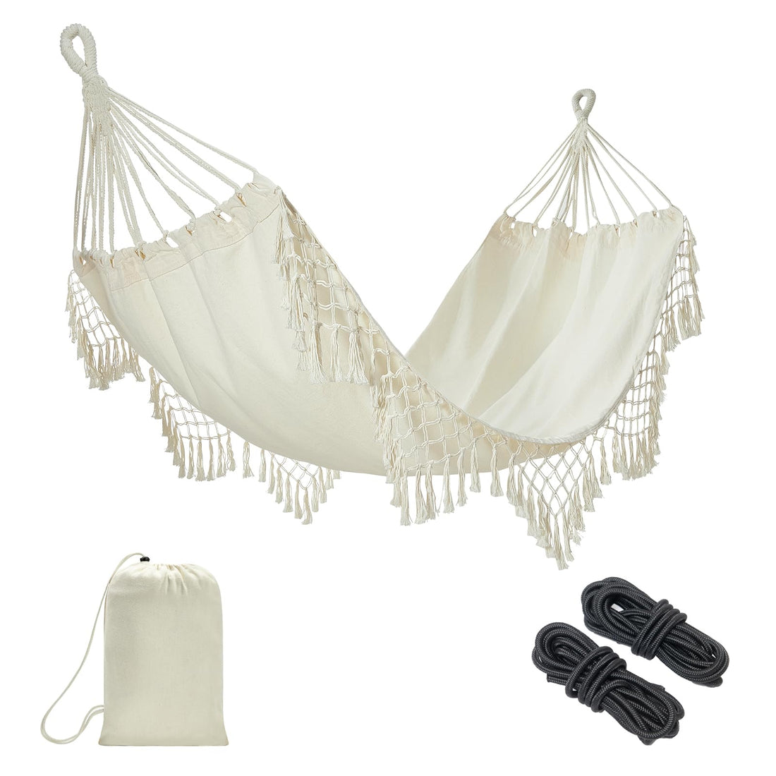 JoyView Boho Macrame Cream Hammock with Elegant Tassels and Fishtail Knitting