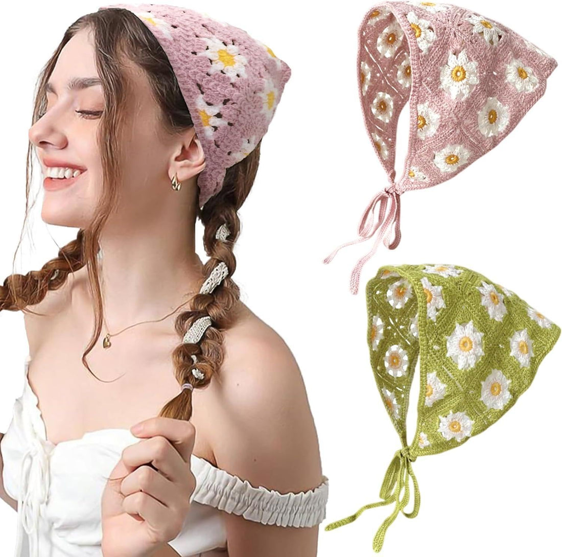 Triangle Headscarf - Crochet Bandana Women's Floral Hair Headwrap Knitted Turban Boho Hair Band Handmade Style (3PCS)