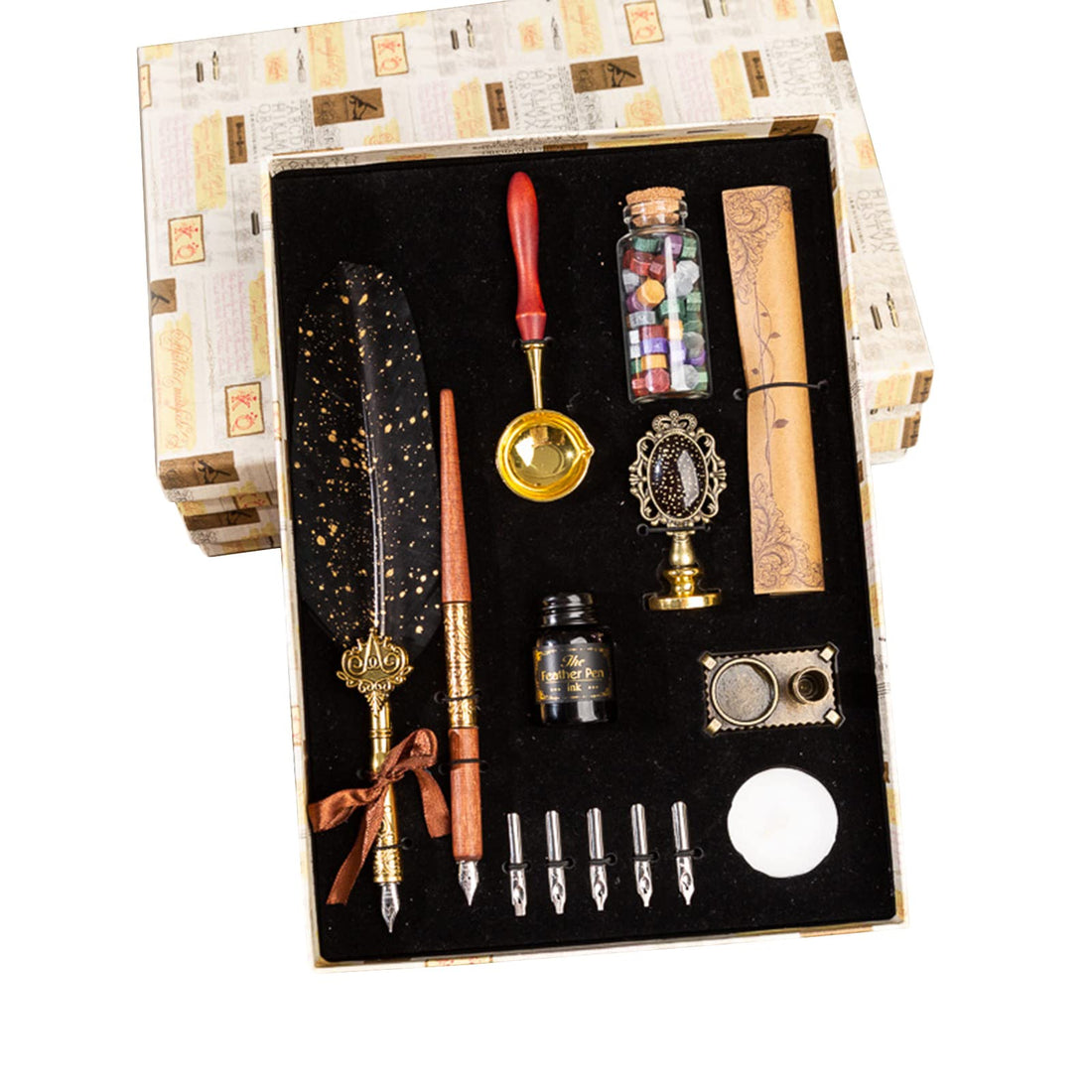 VolksRose Quill Pen and Ink Set, Calligraphy Feather Pen and Ink Set, Includes Dip Pen, 5 Replaceable Nib, Ink, Wax Seal Stamp, Wax Seal Beads, Envelope, Pen Holder, Calligraphy Writing Pen Set Gift