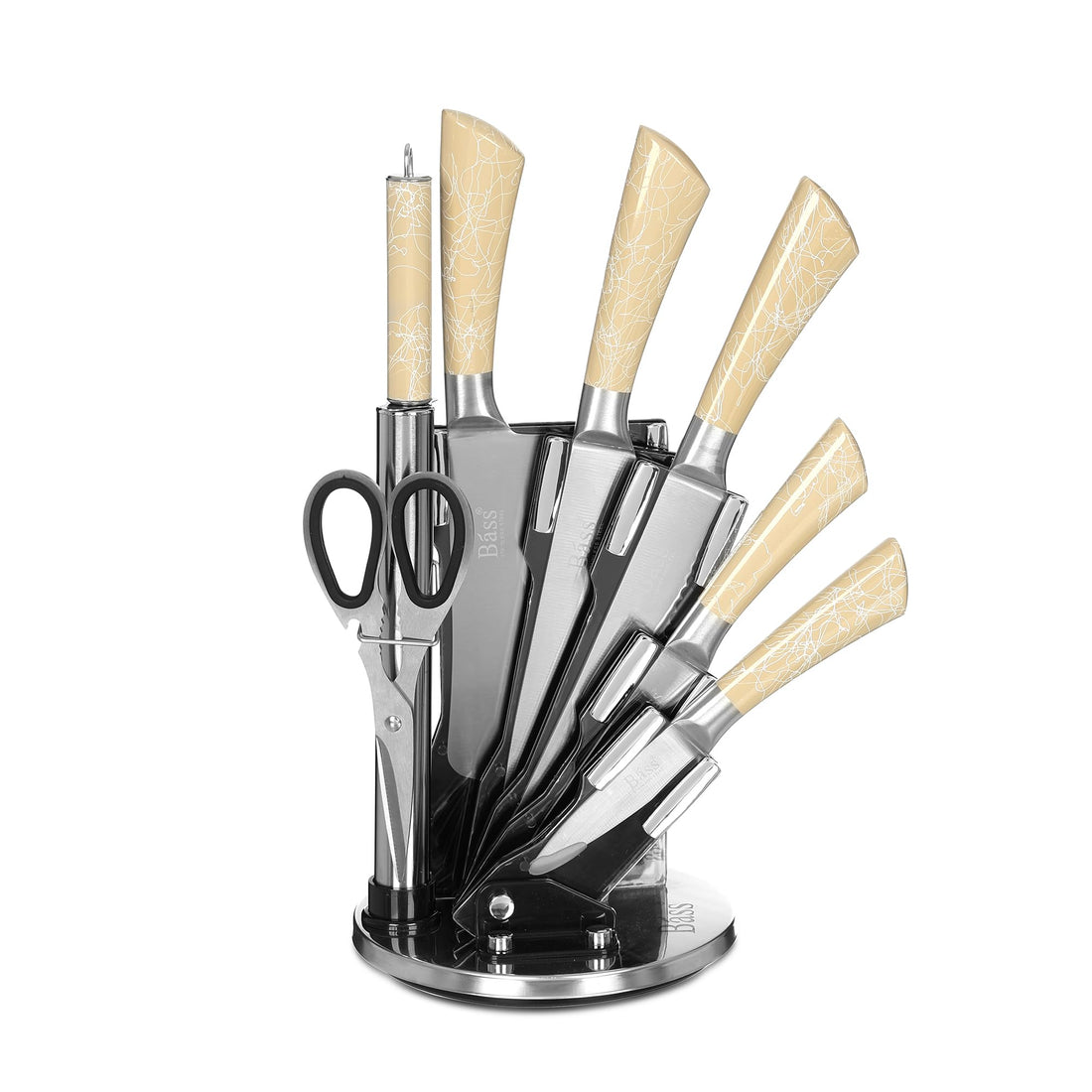 Bass Knife Block Set, 7 Pieces with Stand, Granitec Effect Handle, Stainless Steel - Beige