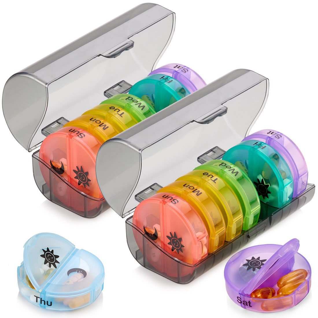 Circle M Weekly Pill Organizer, 7-Day AM/PM 2 Times-a-Day Compartments, Portable Travel Case for Pills, Vitamins, Fish Oils, and Supplements, Durable Rainbow Design, 2 Pack