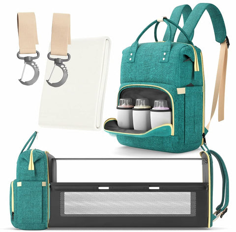 DotishOne Multifunctional 3 in 1 Diaper Bag with Changing Station | Diaper Bag Backpack with Bassinet | Travel Baby Bed, Green, Large