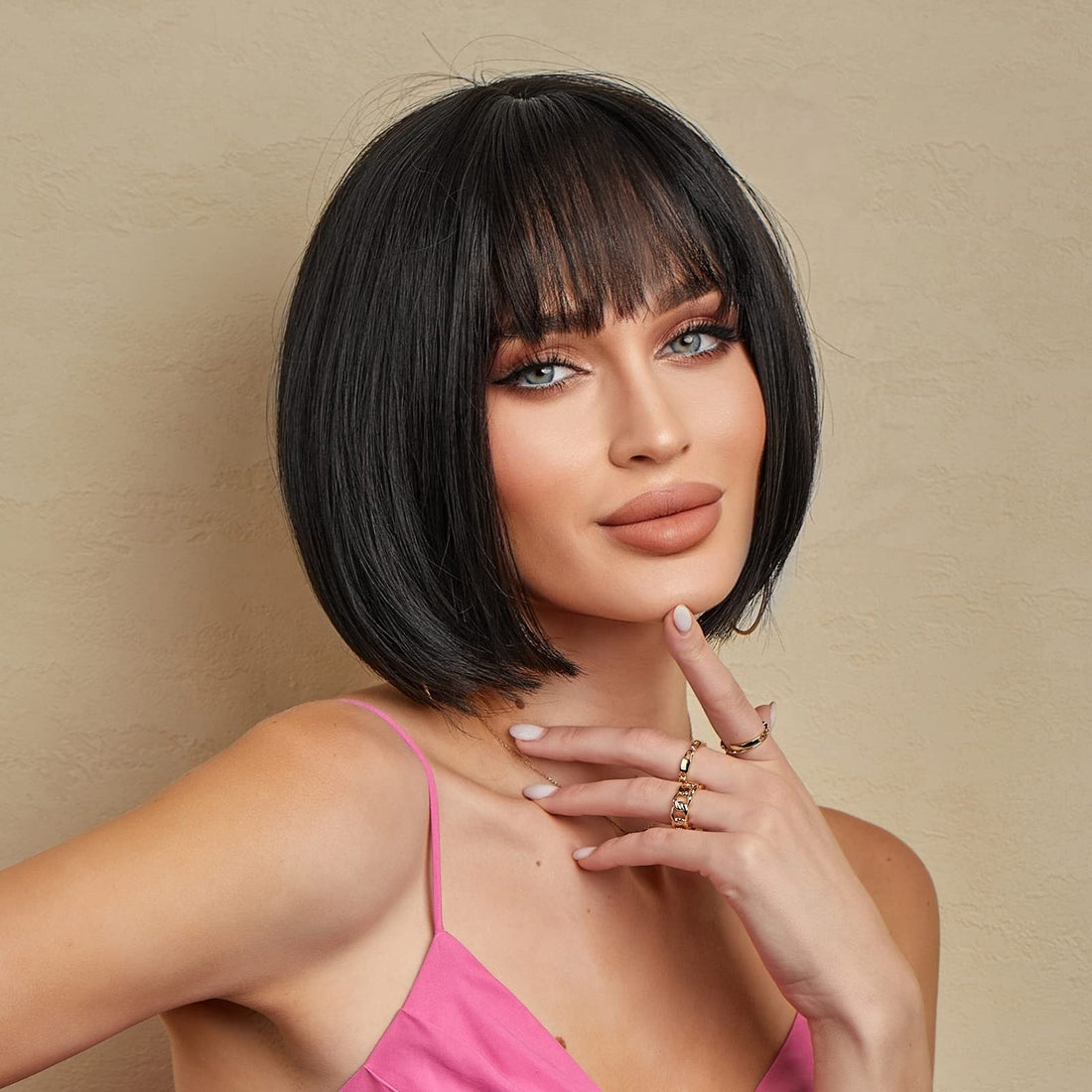 ECIF Bob Black Wigs For Women With Neat Bangs