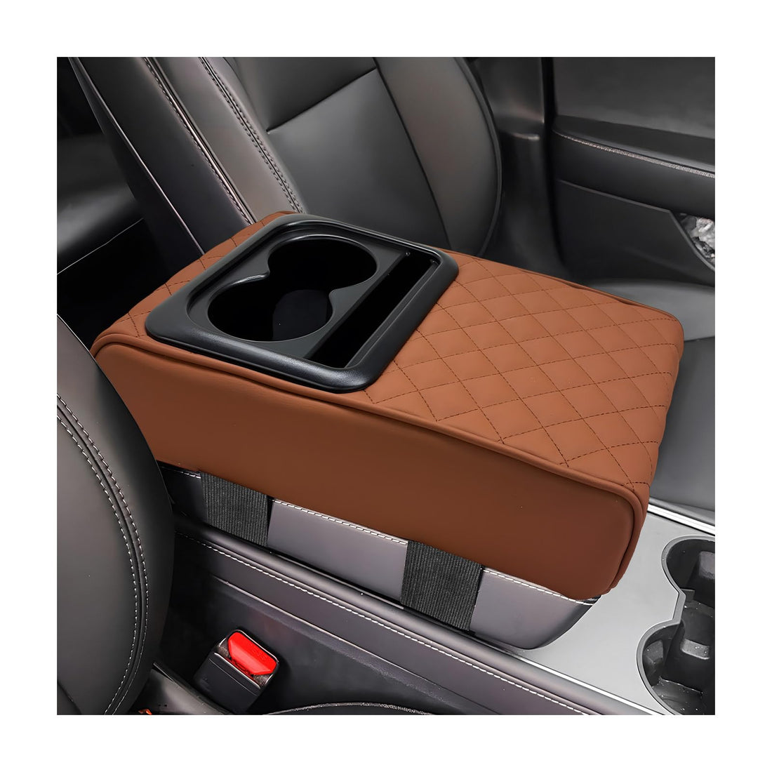 Car Center Console Armrest Pillow, Memory Foam Auto Armrest Box Cover with Cup Holder and Phone Holder, Waterproof Leather Arm Rest Protector Cushion, Car Accessories (Diamond, Brown)