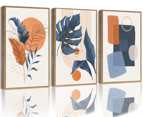 Large Boho Wall Art Set of 3, 16"x24" Mid Century Modern Wall Decor Framed Canvas Print Minimalist Wall Art Geometric Abstract Modern Neutral Boho Wall Art Decor for Living Room Bedroom Bathroom