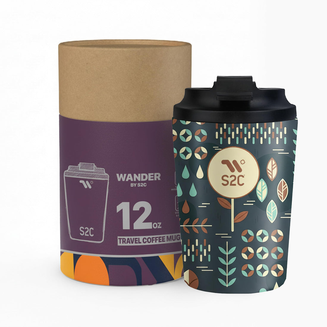 S2C WANDER Series - Premium Insulated Coffee Travel Mug with Lid, Leak Proof, BPA Free, Stainless Steel, Keeps Drinks Hot 8 Hours/Cold 12 Hours, 12oz Capacity, Perfect for Travel & Car (RAINFOREST)